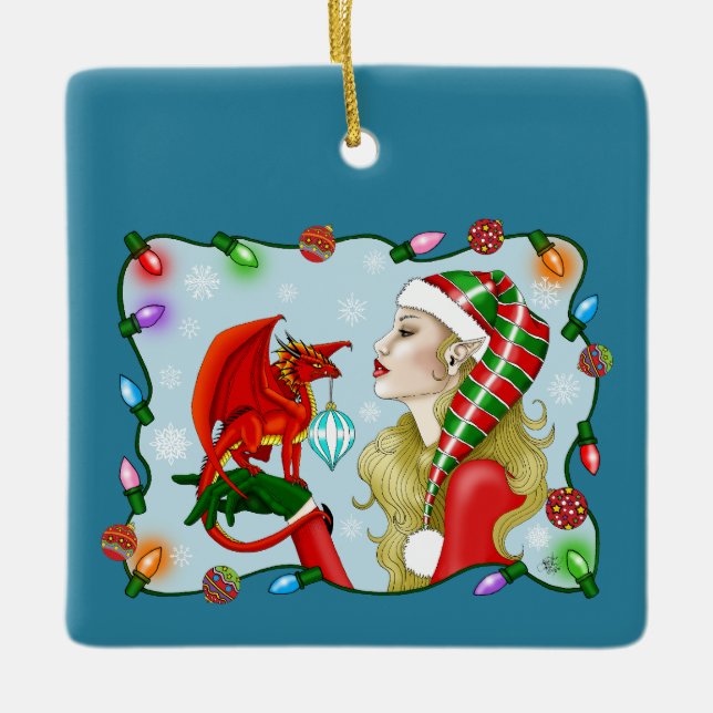 Jul Blonde Elf Red Dragon Fantasy Julgransprydnad Keramik (Framsida)