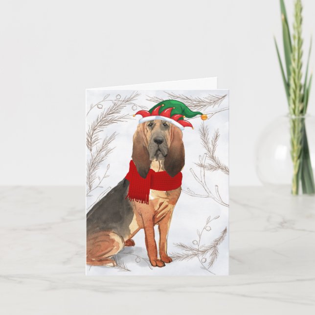 Jul Bloodhound Hund och Botaniskt Gräs Helgkort (Framsida)