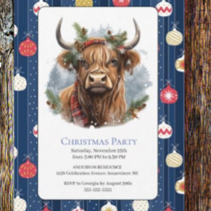 Jul Blue Party Baubles Highlander Cow Inbjudningar