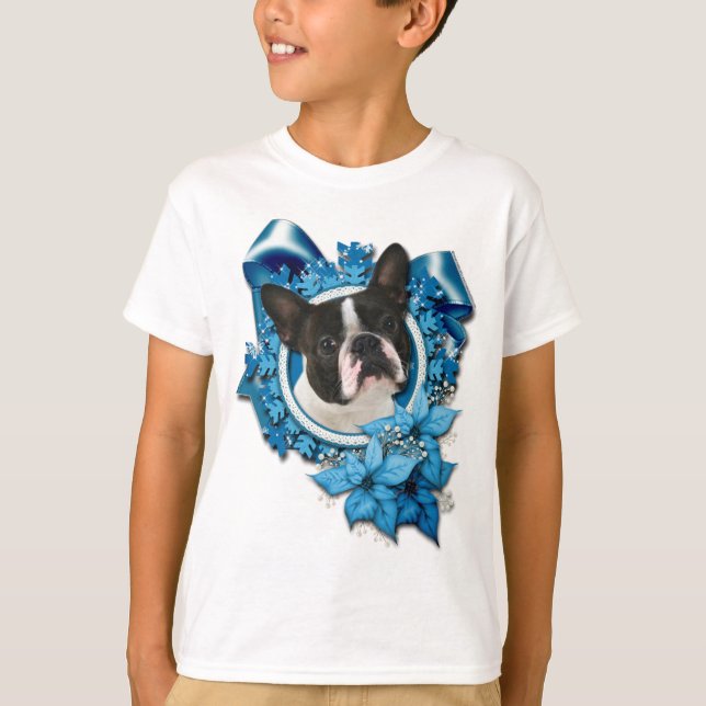Jul - Blue Snöflingor - Boston Terrier Tee Shirt (Framsida)