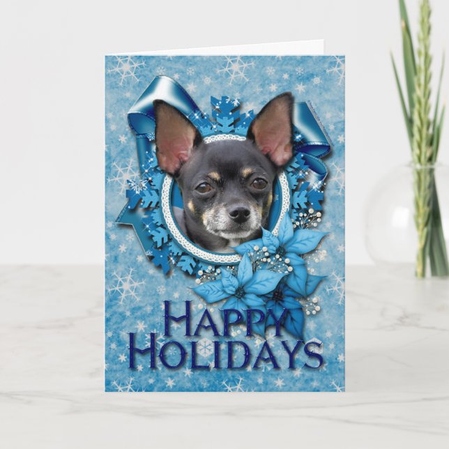 Jul - Blue Snöflingor - Chihuahua Helgkort (Framsida)