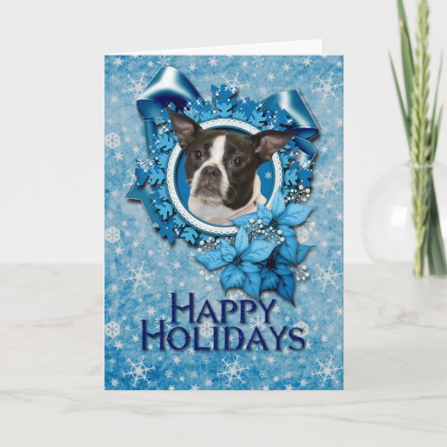 Jul - Blue Snowflake - Boston & Råtta Terrier Helgkort (Framsida)