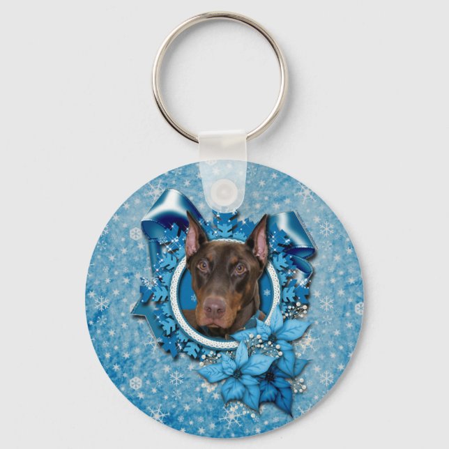 Jul - Blue Snowflake - Doberman - Rocky Nyckelring (Framsida)