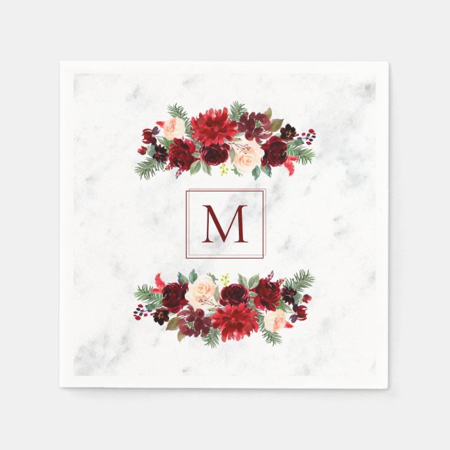 Jul Boho Chic Blommigt Gren Marble Monogram Pappersservett (Framsidan)