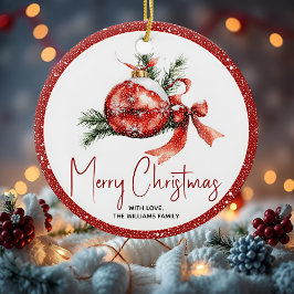 Jul boll med rött båge och fir grenar julgransprydnad keramik