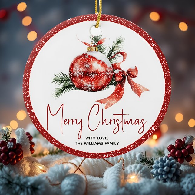 Jul boll med rött båge och fir grenar julgransprydnad keramik (Skapare uppladdad)