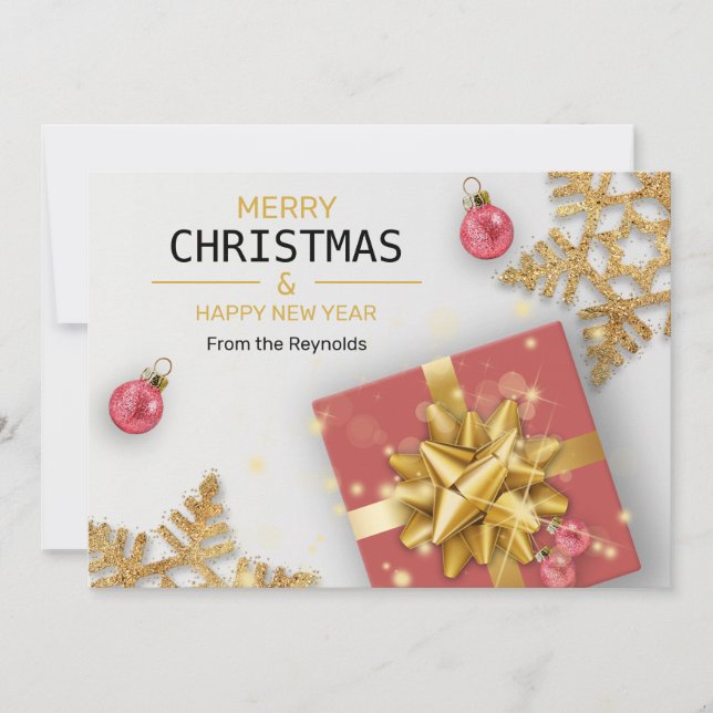 Jul Bollar Red Gift Box Guld Snöflingor Julkort (Framsida)