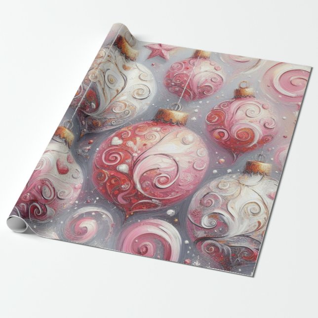 Jul Bollar Whimsical Swirls Rosa White Grått Presentpapper (Utrullad)