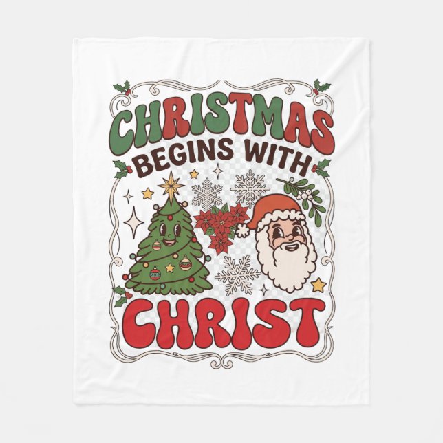 Jul Börjar Kristus Tomte Träd Snöflinga Fleecefilt (Framsidan)