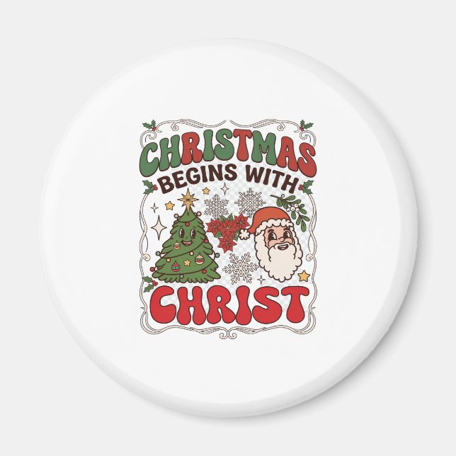 Jul Börjar Kristus Tomte Träd Snöflinga Magnet (Framsidan)