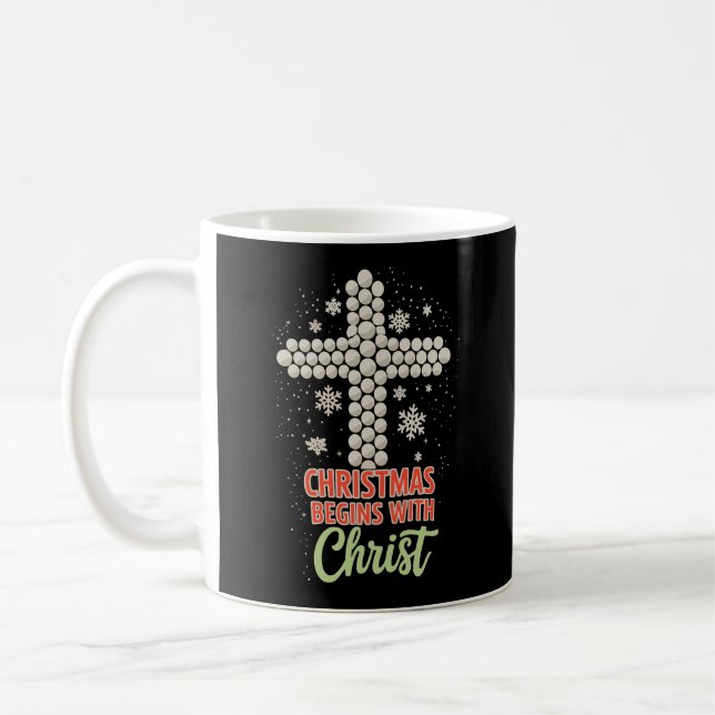 Jul börjar med Kristus Kristen Snö Xmas Kaffemugg (Vänster)