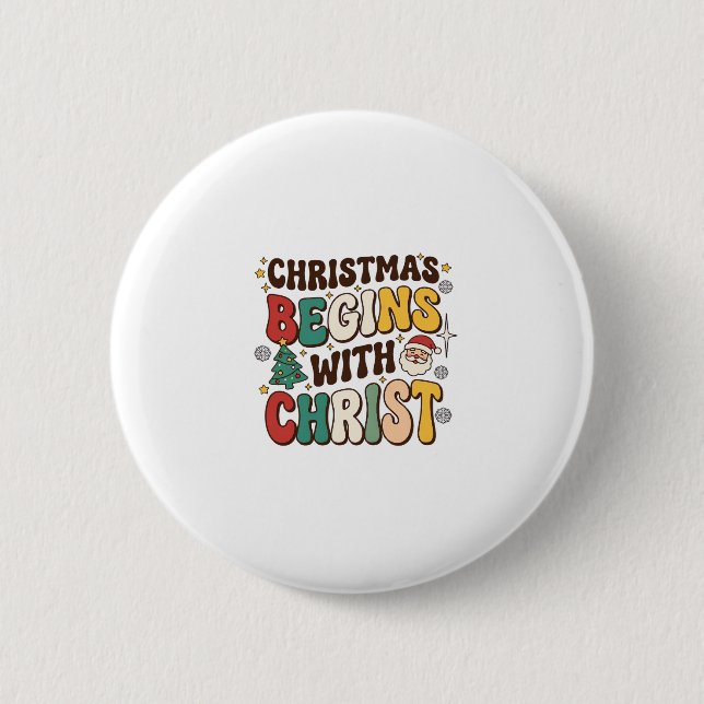 Jul Börjar Med Kristus Santa Träd Design Knapp (Framsida)