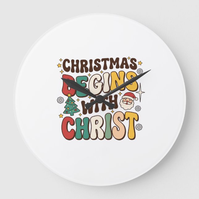 Jul Börjar Med Kristus Santa Träd Design Stor Klocka (Framsida)