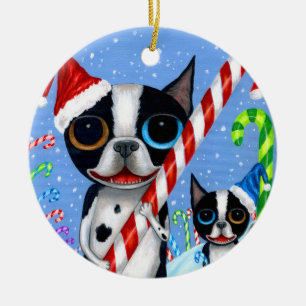 Jul Boston Terrier Hundar Candy cane Santa Hat Julgransprydnad Keramik