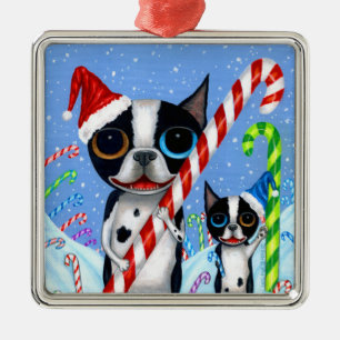 Jul Boston Terrier Hundar Candy cane Santa Hat Julgransprydnad Metall