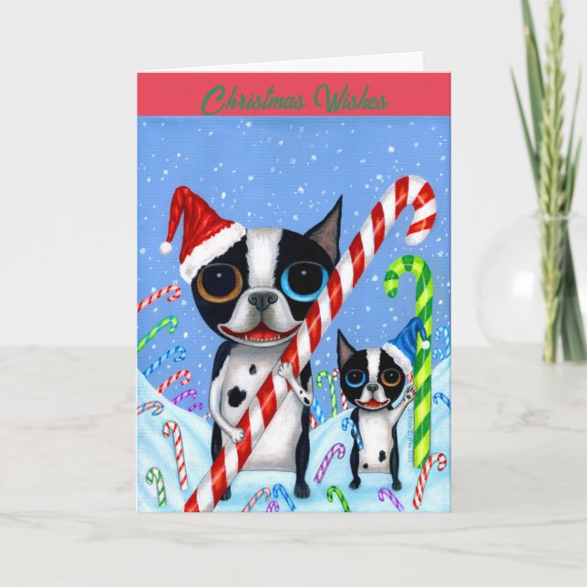 Jul Boston Terrier Hundar Candy cane Santa Hat Kort (Framsida)
