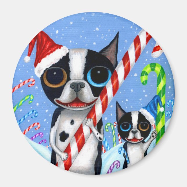 Jul Boston Terrier Hundar Candy cane Santa Hat Magnet (Framsidan)