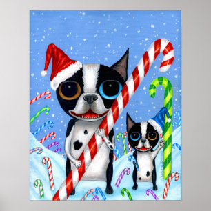 Jul Boston Terrier Hundar Candy cane Santa Hat Poster