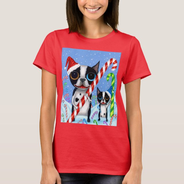 Jul Boston Terrier Hundar Candy cane Santa Hat T Shirt (Framsida)