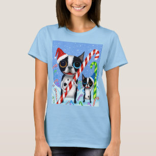 Jul Boston Terrier Hundar Candy cane Santa Hat T Shirt