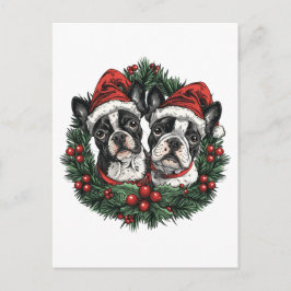 Jul Boston Terrier Hundar Semester Krans Vykort