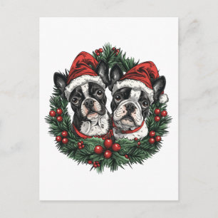 Jul Boston Terrier Hundar Semester Krans Vykort