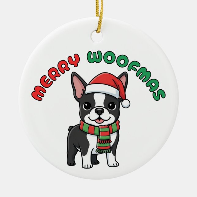 Jul Boston Terrier Ornament: Merry Woofmas Julgransprydnad Keramik (Framsidan)