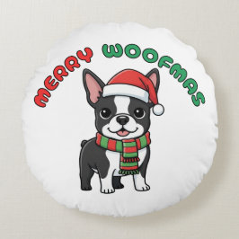 Jul Boston Terrier Pillow: Merry Woofmas Rund Kudde