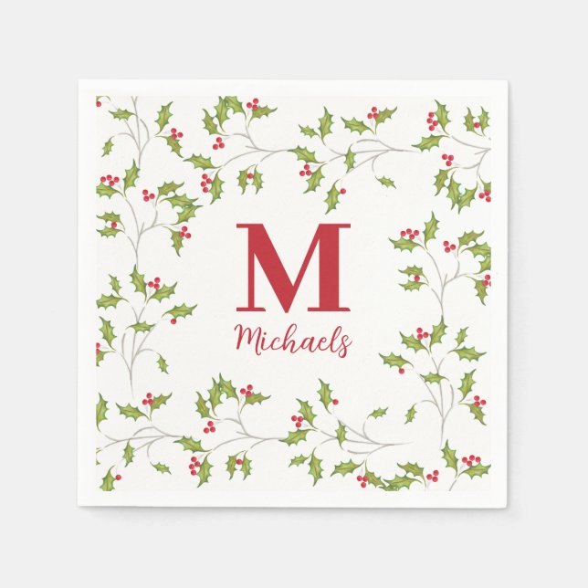 Jul Botanical Helgdag Holly Berries Monogram Pappersservett (Framsidan)