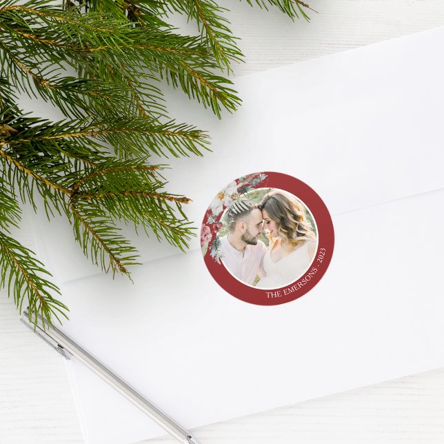 Jul Botanisk Fotosticker Runt Klistermärke (Red Holiday Envelope Seal Merry Christmas Watercolor Floral Botanical Berries with Photo)