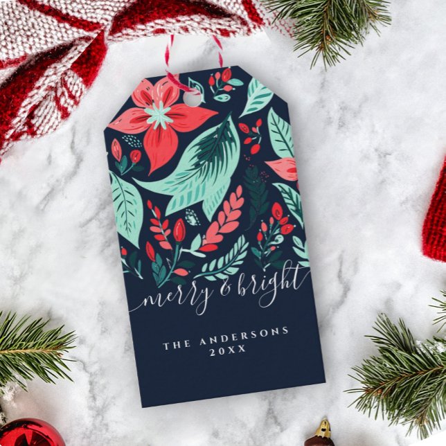 Jul Botanisk Röd Blommig Blå Högtid Presentetikett (Skapare uppladdad)