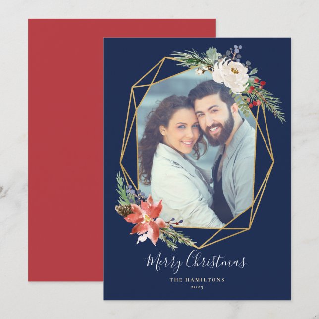 Jul Botaniska Geometriskt Blått Foto Julkort (Fram/baksida)