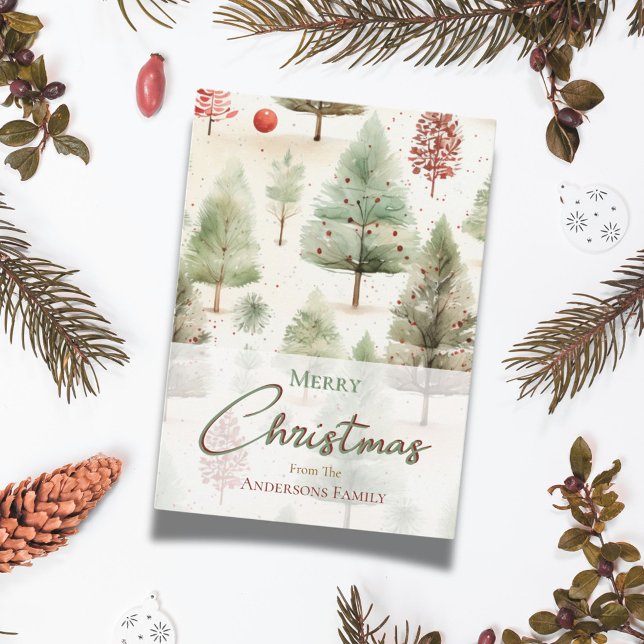 Jul Botaniska Grönten Gräs Träd Röda prydnadsförem Julkort (Skapare uppladdad)