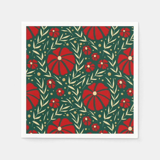 Jul Botaniska Röda och Gröna Blommor Pappersservett (Framsidan)