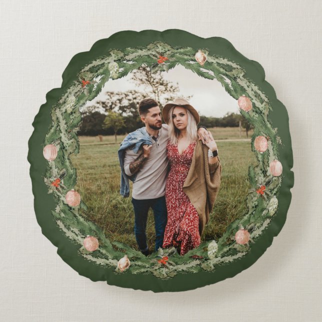 Jul, botaniskt och Blommigt Greenery Photo Rund Kudde (Framsidan)