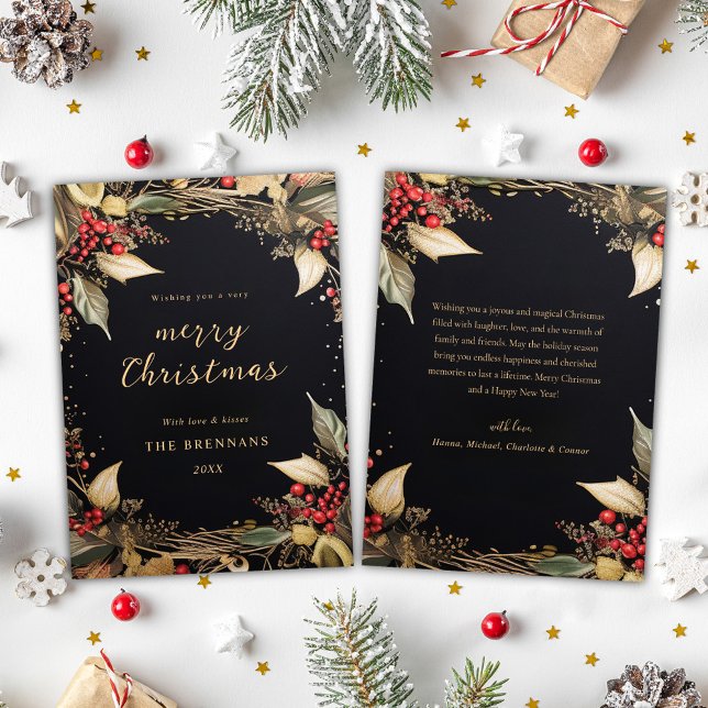 Jul, Botaniskt svart och Guld Elegant Julkort (Christmas Botanical Black And Gold Elegant Holiday Card)