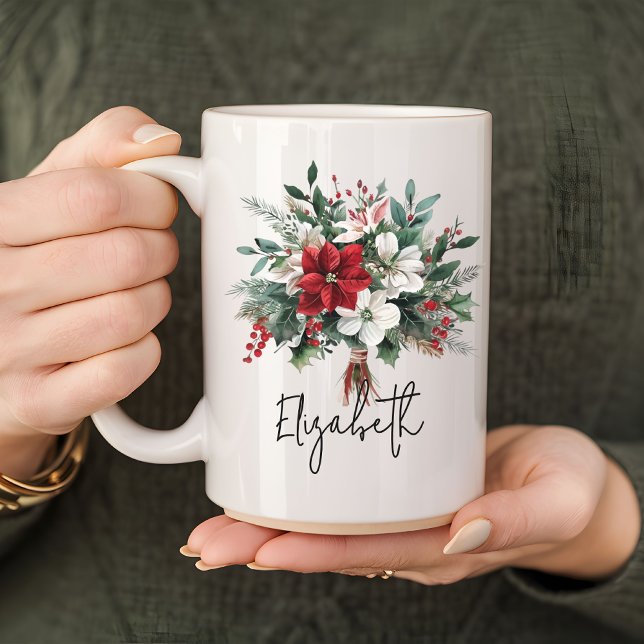 Jul Bouquet Blommigt Mugg för kvinnor eller medarb (Christmas bouquet mug, Christmas floral mug, watercolor holiday mug, Christmas flower coffee cup,)