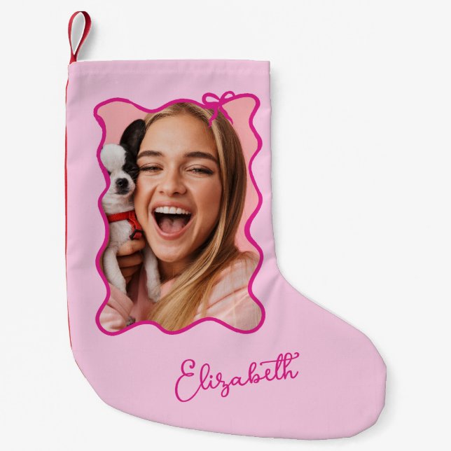 Jul Bow | Vågigt Rosa Photo Ram Liten Julstrumpa (Framsidan)