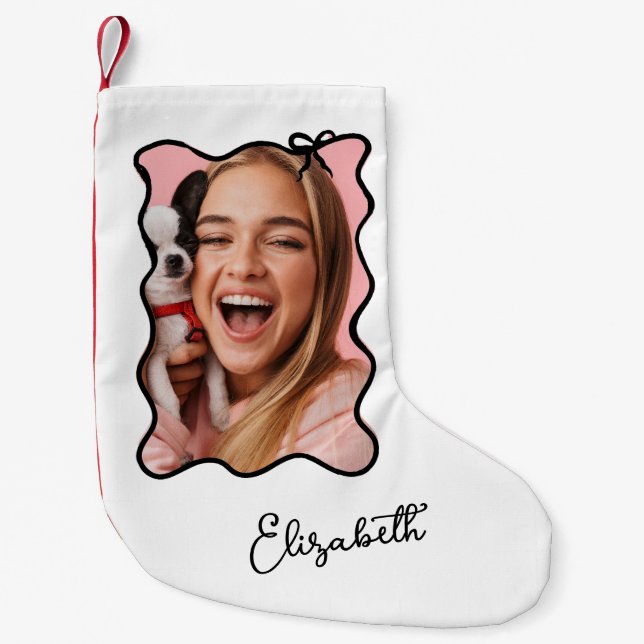 Jul Bow | Vågigt svart och vitt foto Ram Liten Julstrumpa (Framsidan)