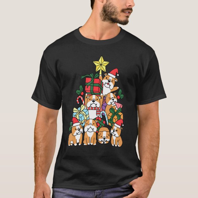 Jul Boxer Träd Hundar Pitbull Julidé T Shirt (Framsida)