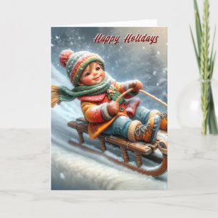 Jul Boy Sledding Down a Backe Helgkort