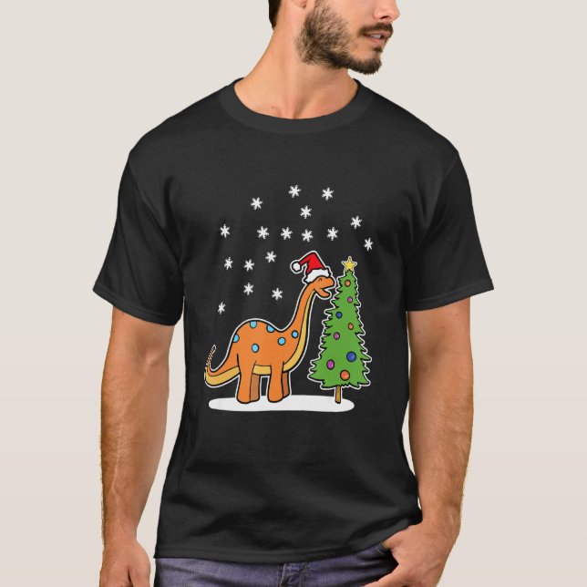 Jul Brachiosaurus Dinosaur Eating a Christma T Shirt (Framsida)