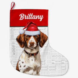 Jul Bretagne Hund med Namn Woof Background Stor Julstrumpa