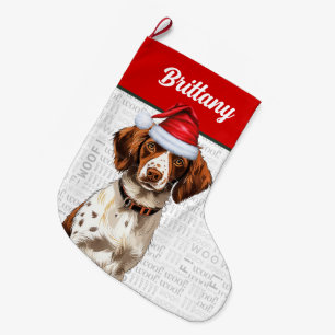 Jul Bretagne Hund med Namn Woof Background Stor Julstrumpa