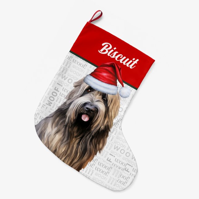 Jul Briard Hund med Namn Woof Background Stor Julstrumpa (Framsidan (Hängande))