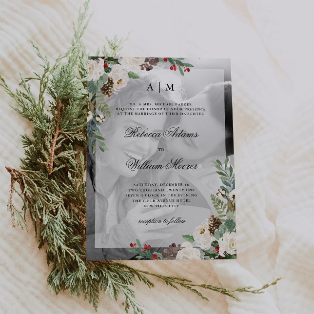 Jul Bröllop | Fotoinbjudan med övertäckning Inbjudningar (A classic winter wedding invitation with your photo and Christmas flowers and greenery)