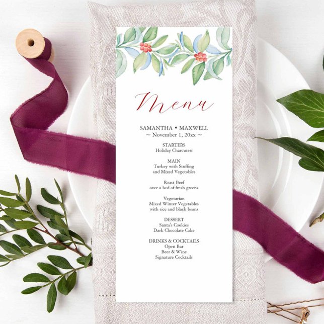 Jul Bröllop Menus Watercolor Greenery Meny (Christmas wedding menu features unique watercolor art by Victoria Grigaliunas.)