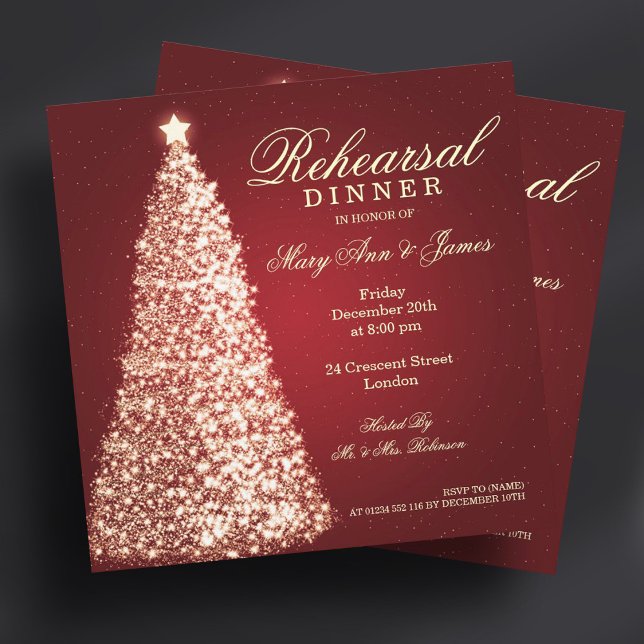Jul Bröllop Rehearsal Dinner Guld Red Inbjudningar (Christmas Wedding Rehearsal Dinner Gold Red Invitation)