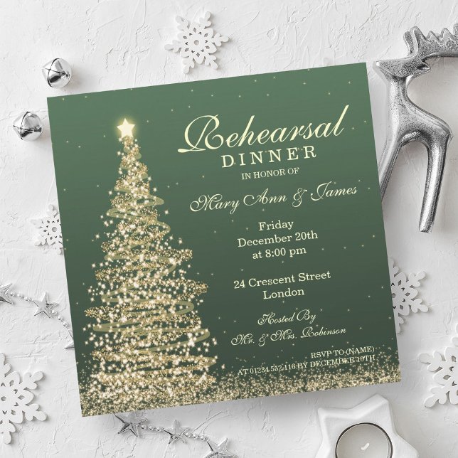 Jul Bröllop Rehearsal Middag Grönt Guld Inbjudningar (Christmas Wedding Rehearsal Dinner Green Gold Invitation)
