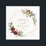 Jul Bröllop Winter Red Watercolor Pappersservett<br><div class="desc">Burgundy Red jul eller Winter Wedding eller Shower Cocktail Napkins - de här vackra blöjorna har vinter-grön med burgundiska blommigtar och bara ett blått tips... som omger ett faux guld-folie geometriskt ram.</div>